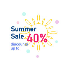 Summer sale, 40 percent discount banner. Special offer design concept for seasonal advertising of shopping discounts. Vector illustration.