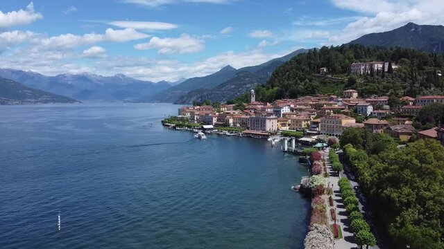 Aerial landscape from the drone on a sunny day of Como lake in Bellagio, north Italy, Lombardy