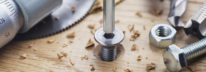 hex bolt screw by hex wrench in wooden oaks plate with with vernier caliper and ruler