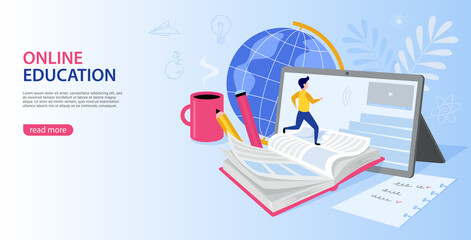 Online education, a person runs to a lesson. The concept of an online school where lessons are held from a distance using a tablet. Organization of the workplace. Vector flat illustration.