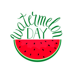 National Watermelon Day. Tropical print. Watermelon slice illustration. Hand drawn vector lettering.