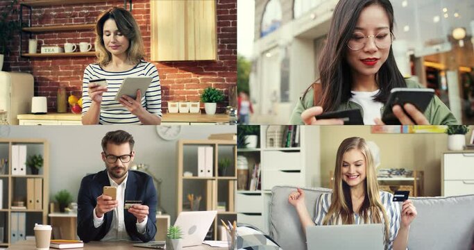 Collage. Collage of happy people shopping online with smartphone or computer at the different places. People holding credit card and typing card number on their gadgets. Online shopping concept