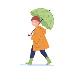 The boy walks in the rain. Happy child in a yellow raincoat under umbrella during rain. Flat vector cartoon illustration isolated on white background.