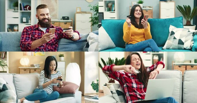 Split screen collage. Collage of focused people shopping online with smartphone while sitting at home. People at sofa holding credit card and typing card number on their gadgets. Online shopping