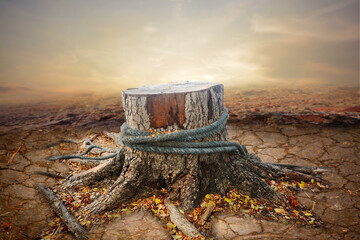Tree stump on arid ground with sunset background, natural reserve and climate change concept