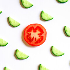 repeating pattern of sliced semicircles of fresh raw vegetable cucumbers for salad and a slice of tomato in the center isolated on a white background flat lay, top view. square