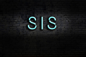 Night view of neon sign on brick wall with inscription sis