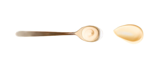 Mayonnaise drop in the spoon. Top view of sause splash isolated on white background. High reolution photography.