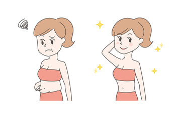 The before and after of a woman losing more body fat. Vector illustration isolated on a red background.