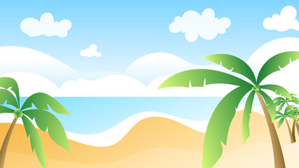 ฺBeach, ocean waves and coconut trees with blue sky in summer vector , illustration Vector EPS 10