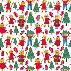 Сhristmas pattern tigers symbol 2021 Beautiful tigers and Christmas trees, Happy New year 2022