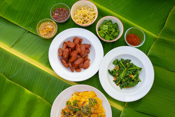 Popular Thai food in top view isolated on white background.Top view. Thai cuisine set.Collection of food dishes for the decoration of restaurants.Thai food.