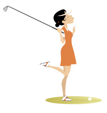 Young golfer woman on the golf course illustration.
Pretty smiling golfer woman with a golf club isolated on white
