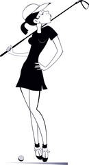 Young golfer woman on the golf course illustration.
Pretty golfer woman with a golf club black on white
