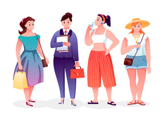 Fototapeta premium Body positive fat fashion girls vector illustration set. Cartoon plus size young woman characters wearing stylish fashionable casual clothes standing together, curvy girls models isolated on white