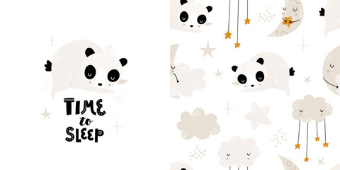 Seamless childrens hand-drawn pattern with cute sleeping pandas, clouds, moons and stars. Creative trendy kids texture for fabric, wrapping, textile, wallpaper, apparel. Vector illustration.