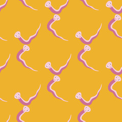 Geometric style animal seamless pattern with lilac colored snakes print. Orange bright background.