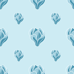 Nature seamless pattern with minimalistic magnolia flowers print. Blue tones. Floral bloom backdrop.