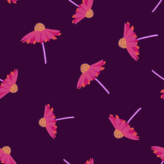 Random pink gerbera flowers seamless doodle pattern. Dark purple background. Brught print.