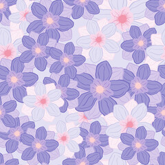 Summer style seamless pattern with purple colored anemone flowers shapes. Pastel colored artwork.