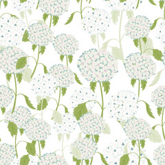 Isolated seamless pattern with light blue random hydrangea flowers elements. White background.