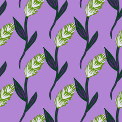 Botanic seamless pattern with green simple ear of wheat elements print. Pastel purple background.