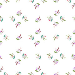 Obraz na płótnie Canvas Geometric abstract style seamless pattern with doodle berry branches ornament. Isolated botanic floral backdrop.