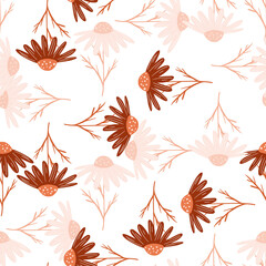 Botanical seamless pattern with isolated calendula abstract ornament in pink and brown colors. White background.