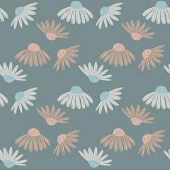 Meadow flowers seamless pattern with botanic daisy ornament. Blue pale background. Nature print.