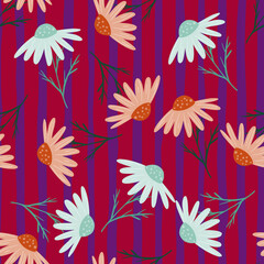 Random seamless pattern with doodle calendula ornament. Maroon striped background. Simple style print.