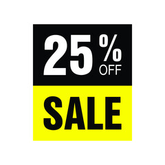 25% off. Yellow and black banner with twenty-five percent discount for mega big sales.