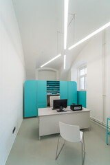 Eye clinic room. White hospital clinic office consulting room. Eye surgery, eye clinic.