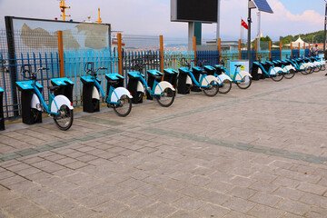 Obraz na płótnie Canvas preference focus. istanbul tourism district eminonu turkey urban bike rental station. bike park