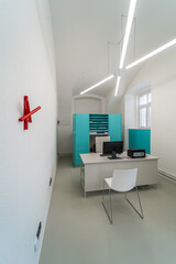 Eye clinic room. White hospital clinic office consulting room. Eye surgery, eye clinic.