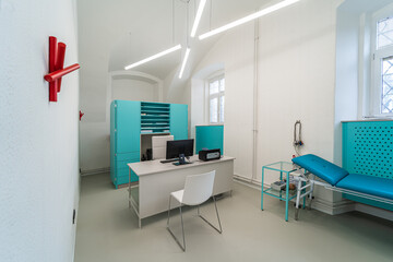 Eye clinic room. White hospital clinic office consulting room. Eye surgery, eye clinic.