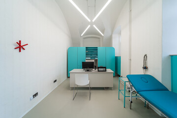 Eye clinic room. White hospital clinic office consulting room. Eye surgery, eye clinic.