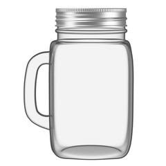 Realistic Glass Square Cup, Jar, Bottle with Silver Lid and white background. Dispenser for water, juice, mix and other beverages. Mock up for brand template.
