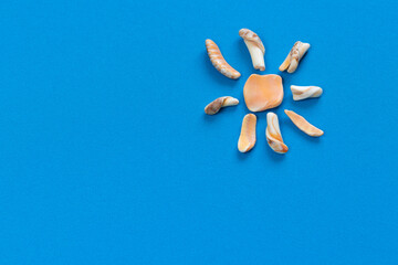 Icon, badge or symbol of the sun laid out from marine fossils or shells on a blue woven background...