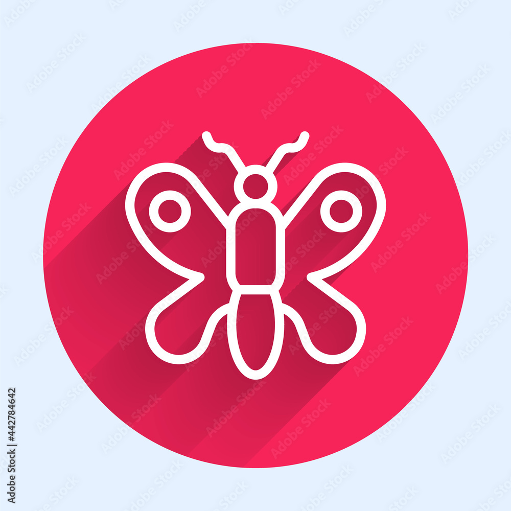 Poster white line butterfly icon isolated with long shadow. red circle button. vector