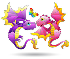 Set of illustrations in the style of stained glass with cartoon dragons, animals isolated on a white background