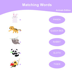 Matching words game animals’ edition. Matching words game for kids. Educational printable game cards. Preschool Education. Vector illustration.