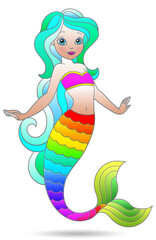 Illustration in stained glass style with a cute cartoon mermaid girl, figure isolated on a white background