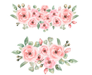 Watercolor delicate pink flowers bouquet with leaves illustration. Floral Bouquet, Greenery Clip art, Wedding invites, Card making, Logo design