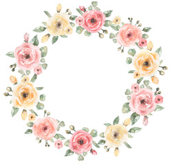 Watercolor hand drawn floral set.Beautiful delicate wreath in  neutral trendy colors.Elegant floral collection with isolated gentle leaves and delicate flowers bouquet with  space for text.