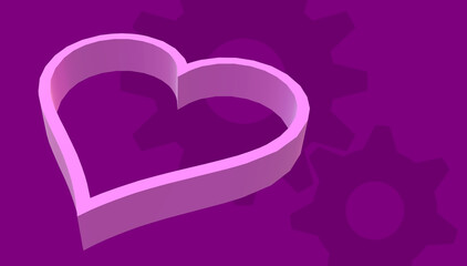 Banner of MUCH LOVE, big heart. Virtual feeling. Passion in the distance. Relationship and affection. 3d illustration with random cogwheel symbol. Colorful. Communication. 