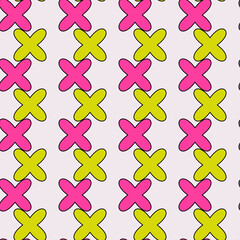 Pink and yellow crosses. Cartoonish crosses alternate. Vector seamless wallpaper with white wallpaper.