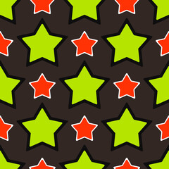 Red and yellow stars alternate. Black background and seamless vector stars.