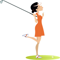 Young golfer woman on the golf course illustration.
Pretty golfer woman with a golf club isolated on white
