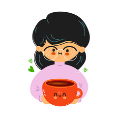 Young cute funny girl hold cup of coffee in hand. Young woman hugs cute a cup of coffee. Isolated on white background. Vector hand drawn doodle style cartoon character illustration icon design