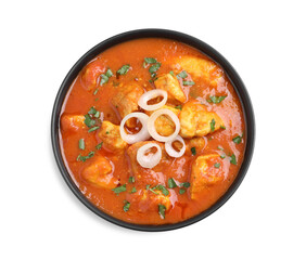 Bowl of delicious chicken curry on white background, top view